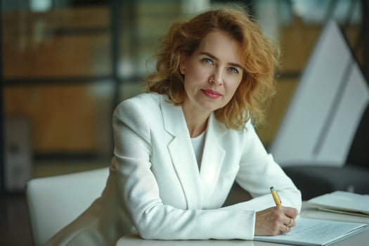 Elegant Middle Aged Woman Writing in Office photo