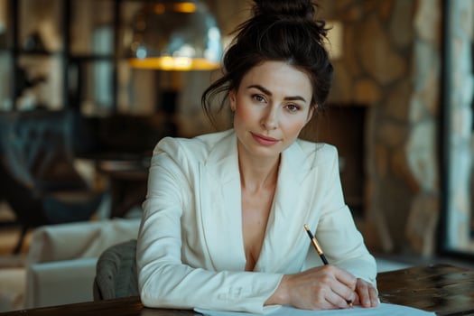 Elegant Middle Aged Woman Writing in a White Blazer at a Desk photo