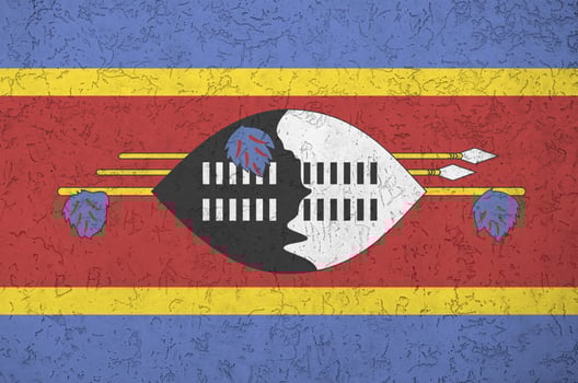 Swaziland flag depicted in bright paint colors on old relief plastering wall. Textured banner on rough background photo