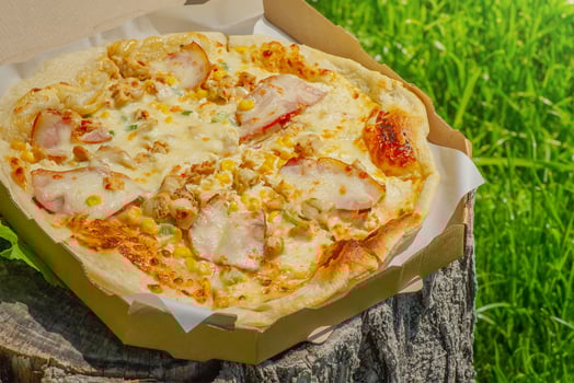 Pizza with bacon, chicken, corn on the background of green grass. photo