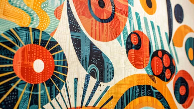Against a white background the intricate details of this patterned fabric wallpaper can be seen up close featuring a combination of abstract shapes and bold colors photo