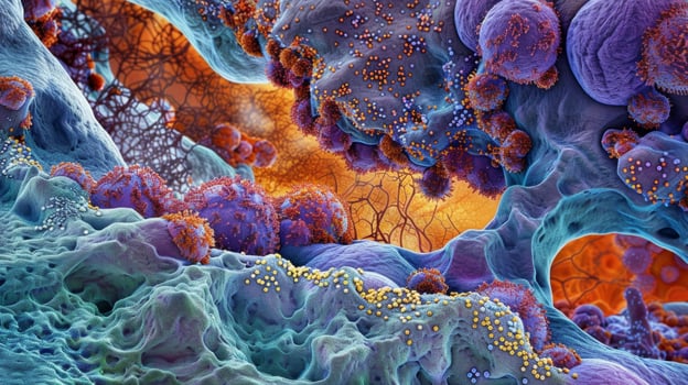 A high magnification image of a cell membrane showcasing the dynamic interaction between lipids and proteins that contributes to its fluidity photo