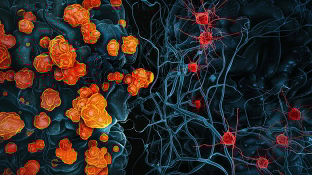 A split image of normal brain tissue and tissue affected by neuroinflammation with the latter showing a substantial increase in activated microglia photo