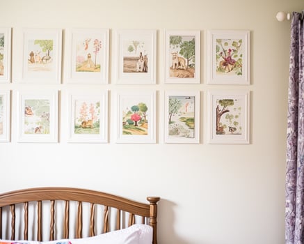 Nursery gallery wall, home decor and wall art, framed art in the English country cottage interior, room for diy printable artwork mockup and print shop photo