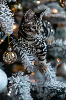 Cat with Sparkling Rhinestones on Christmas Tree, Holiday Celebration New Year photo