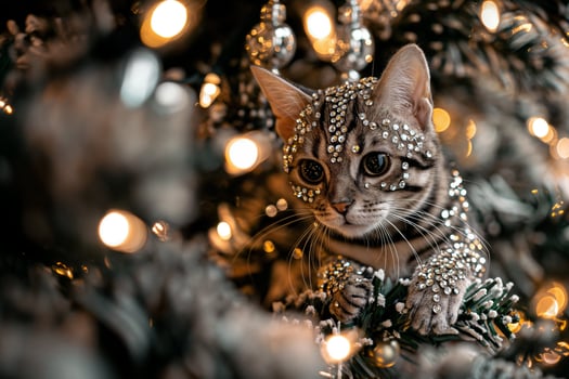 Cat Decorated with Rhinestones in Christmas Tree, New Year Celebration Holiday photo