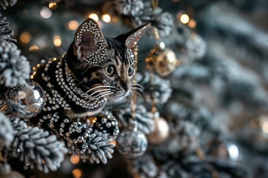 Festive Cat Covered in Rhinestones on Christmas Tree, New Year Holiday Celebration photo