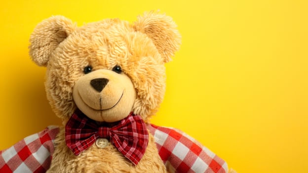 Fluffy bear with a red bowtie against a yellow background. Cute stuffed toy for children. Concept of playtime, childhood, comfort, softness. Copy space photo