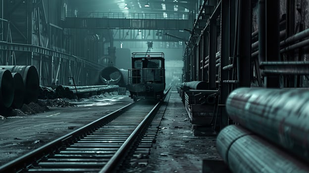 Industrial warehouse interior with a narrow gauge freight train on tracks. Concept of heavy industry, manufacturing, machinery, and transportation photo