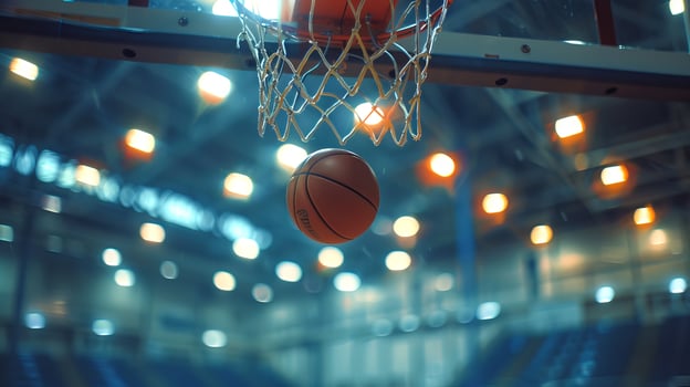Basketball hoop with a ball in a gym. Focus on sports and teamwork. Concept of athleticism, fitness, basketball court, indoor sport photo