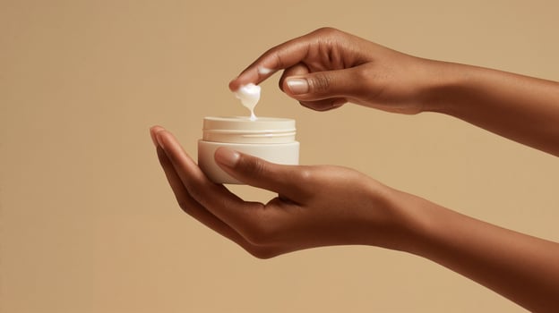 Mock Up of Hands Scooping Cream from a Jar on Beige Background, Beauty and Cosmetics Product photo