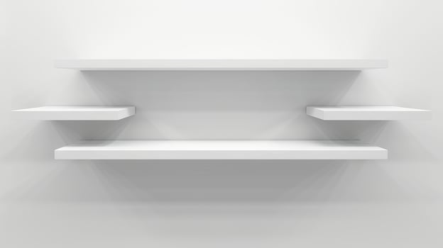 Modern minimalist white wall shelves design. Concept of interior decoration, home organization, clean and simple aesthetic. Copy space. Mockup. Empty Shelves on a White Wall photo