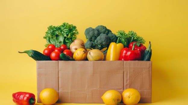 Fresh vegetables in a cardboard box on a bright yellow background. Healthy food collection. Concept of organic produce, nutrition, colorful ingredients, farm-to-table photo