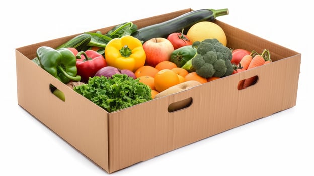 Fresh and colorful assortment of fruits and vegetables in a cardboard box. Organic produce collection. Concept of healthy eating, farm produce delivery, natural food. Isolated on white background photo