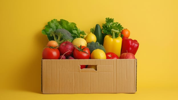 Box of fresh vegetables and fruits on a yellow background. Cardboard box filled with colorful produce. Healthy eating, grocery delivery, fresh food concept photo