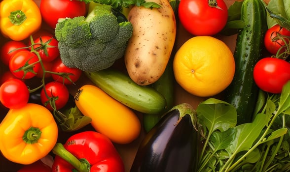 Assortment of fresh vegetables including broccoli, tomatoes, bell peppers, and leafy greens. Concept of healthy eating, nutrition, organic food, and vegetable variety photo