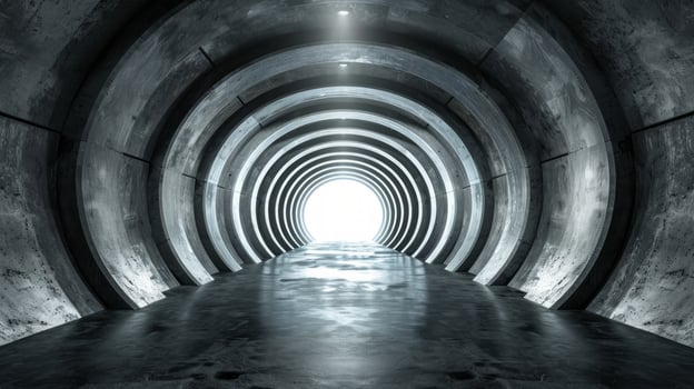 Light at the end of a tunnel with blue illumination. Concept of hope, journey, unknown destination, and enlightenment photo