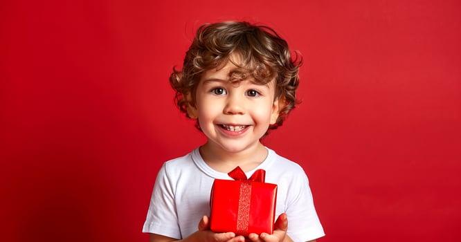 Happy young boy holding a red gift box. Smiling child with a present. Concept of birthday, celebration, childhood joy, holidays photo