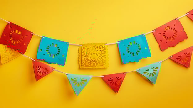 Vibrant Paper Banners with Festive Designs on a Yellow Background. Concept of Celebration, Festivity, Decorative Art, Colorfulness, papel picado photo