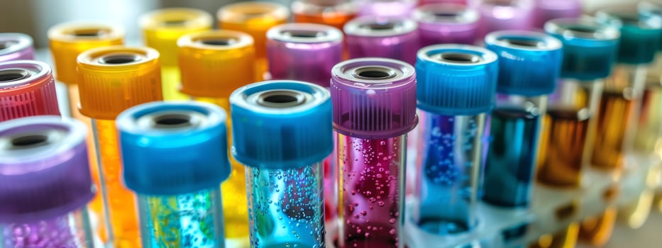 Colored liquids in test tubes arranged in a row in a laboratory setting. Concept of science, experiment, chemistry, research photo