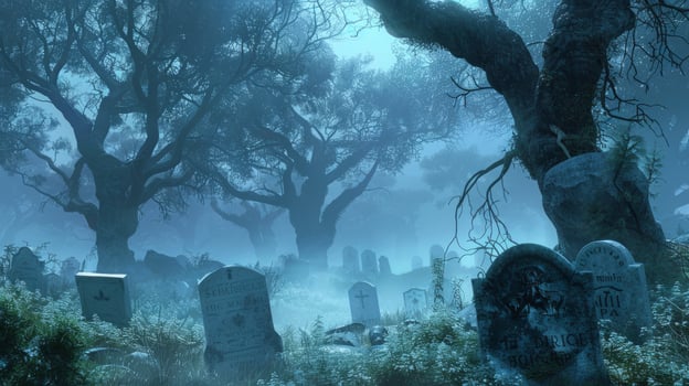 Eerie foggy graveyard with old tombstones at night. Concept of spooky cemetery, dark atmosphere, haunted location, gothic scenery, Halloween photo