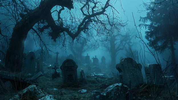 Eerie foggy graveyard with old tombstones at night. Concept of spooky cemetery, dark atmosphere, haunted location, gothic scenery, Halloween photo