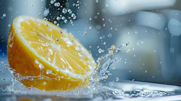 Fresh Lemon Slicing Splashing into Water, High-Speed Photography for Beverage Ads, Posters, and Refreshing Designs photo