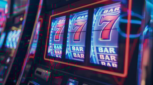 Winning Slot Machine Display with Triple Sevens, Casino Nightlife, Gambling Success, Concept for Luck and Fortune photo