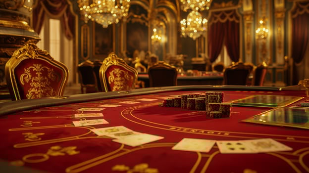 Opulent Casino Baccarat Table, Luxurious Gambling Scene, Elegant Card Game Setting for Print Design, Poster, Decor photo