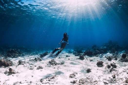 Freediver woman in bikini with fins glides underwater in tropical ocean photo