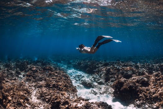 Woman freediver with fins glides underwater in blue ocean. Freediving or swimming in sea photo