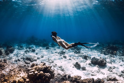 Woman free diver with fins glides underwater in deep blue ocean photo