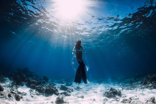 Woman freediver with fins dive in underwater ocean photo