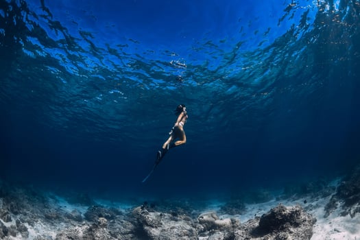 Woman freediver underwater in ocean. Freediver in the clear waters photo