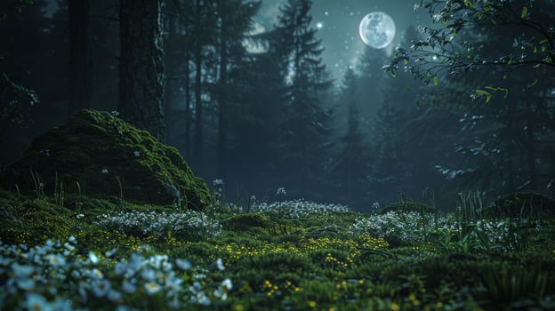 Enchanting Night Forest Landscape with Full Moon and Blooming Flowers Under Starry Sky photo