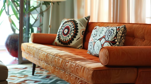 Stylish Mid-Century Modern Living Room with Vibrant Orange Sofa and Decorative Pillows photo