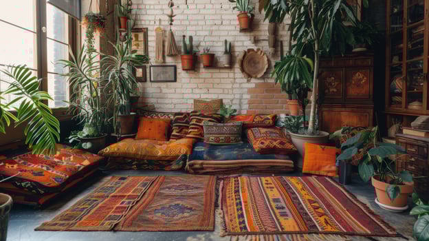 Cozy Bohemian Living Room with Indoor Plants, Colorful Textiles, and Brick Walls photo