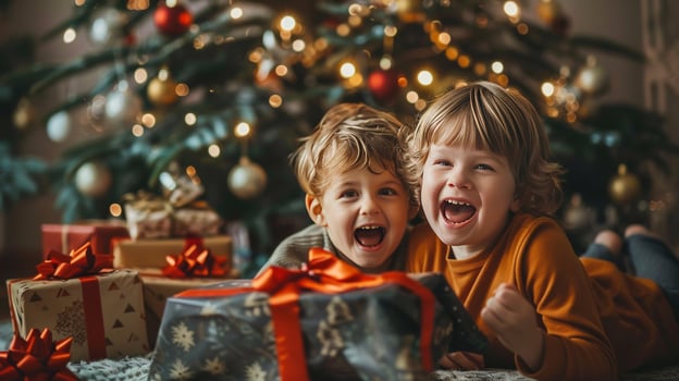 Joyful Kids Celebrating Christmas with Wrapped Gifts Under Decorated Tree photo