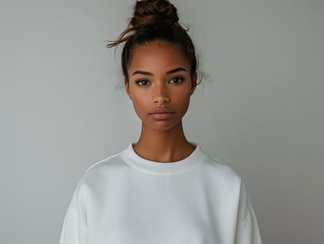 Stylish Black Woman in White Sweatshirt Posing Against Grey Wall photo