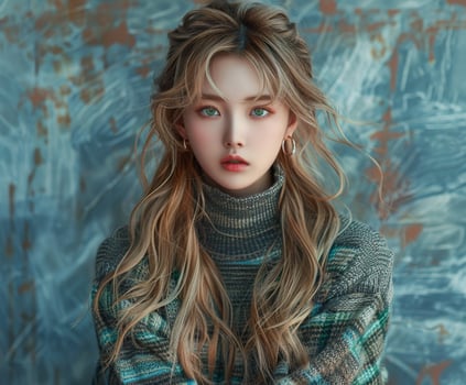 Korean Woman With Blonde Hair and Green Eyes Wearing a Sweater photo