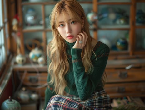 Korean Woman With Blonde Hair in Green Sweater photo