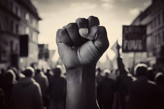 Symbol of unity and defiance, clenched fist in foreground, blurred protest backdrop photo