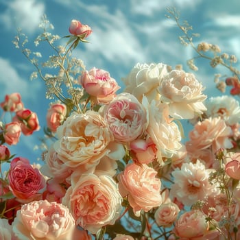 Delicate Pink and White Roses and Peonies Blooming in a Summer Garden photo