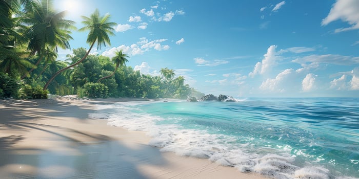 Tropical Beach Paradise With Palm Trees and Crystal Clear Water photo