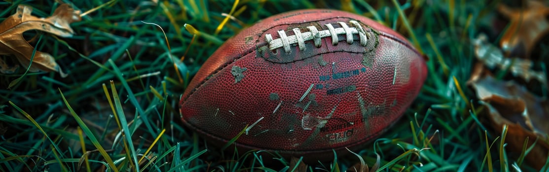 A Worn American Football Resting in Green Grass photo