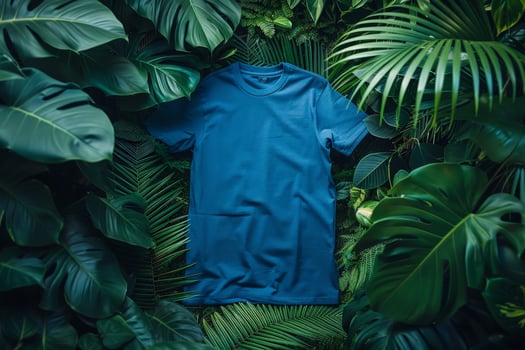 Blue T-Shirt Laying on Lush Tropical Foliage photo