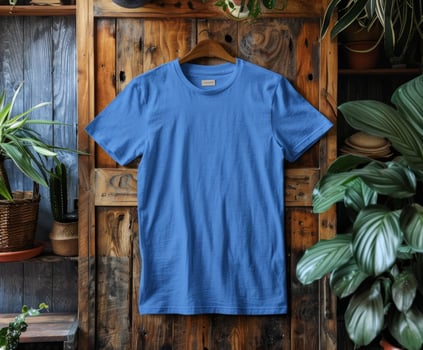 Blue Cotton T-Shirt Hanging on Wooden Door photo