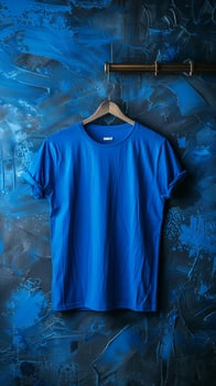 Blue T-Shirt Hanging on a Hanger Against a Blue Wall photo