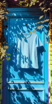 Blue Door With Light Blue T-Shirt Hanging In Sunlight photo