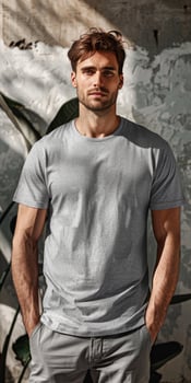 Man Wearing Grey T-Shirt and Pants Posing Against Wall photo
